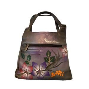 ANUSCHKA HAND PAINTED LEATHER FLOWERS BIRD WOMENS PURSE HANDBAG 12X9X3" SIGNED